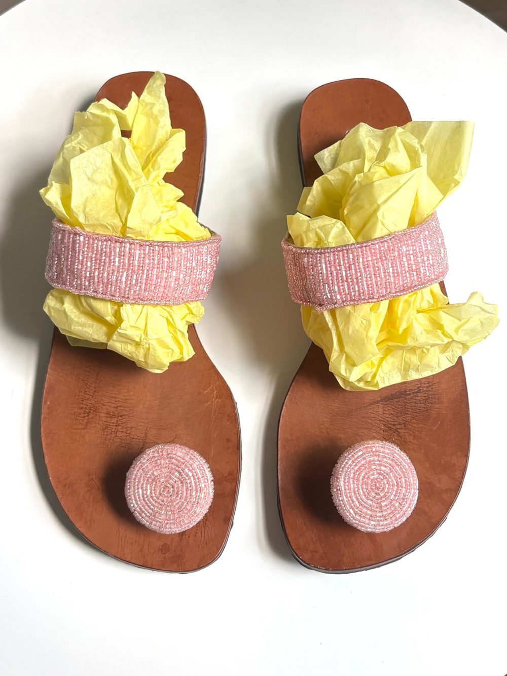 Usindo Handcrafted Pink Beaded Sandals with Toe Loop Size 10